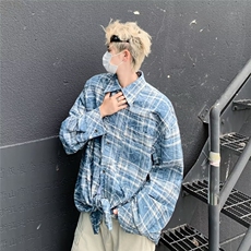 夏季薄款长袖格子衬衫男休闲潮牌高级感拼色日系港风痞帅上衣外套，男装衬衫，星座410-7