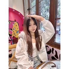 美式涂鸦可拆卸毛领拉链连帽外套宽松开衫情侣上衣513AWT2786P55，女装短外套，星座513A