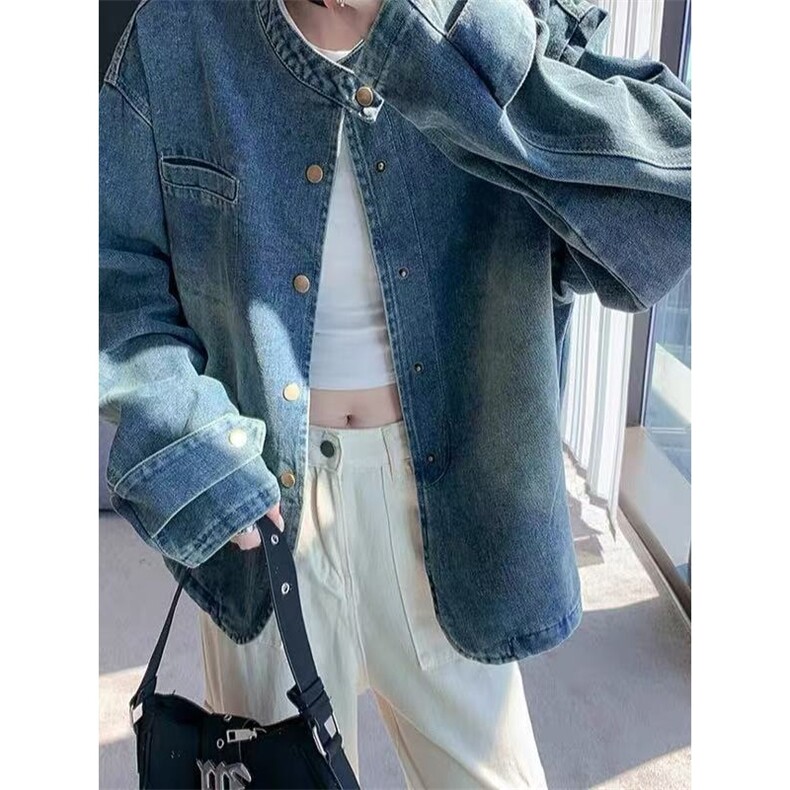 2025新款休闲圆领牛仔外套女上衣韩版复古宽松蓝色正肩小个子薄款，男装工装外套，星座1210-1