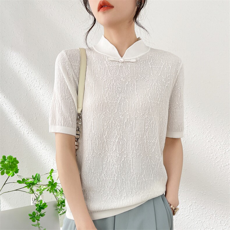 新中式盘扣立领针织短袖T恤女复古肌理感，女装针织衫/毛衣，东远绒业