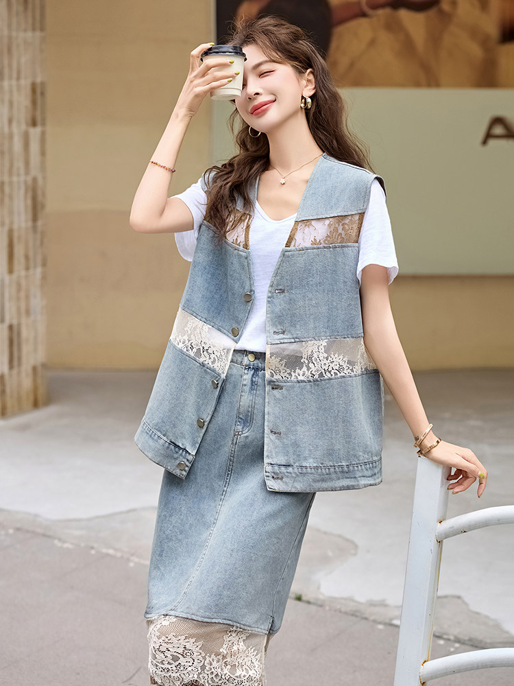 欧货蕾丝马甲半身裙套装女2025夏装新款宽松显瘦单排扣拼接三件套,女装套装/套裙,含赞