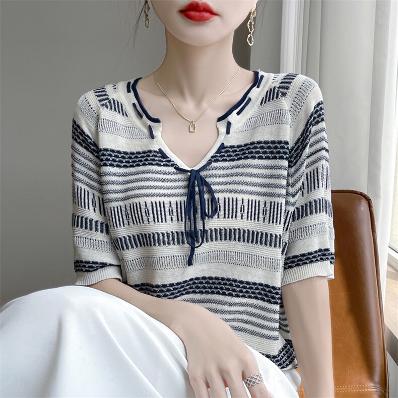 夏季新款天丝亚麻抽绳撞色条纹短袖女宽松百搭显瘦时尚休闲上衣,针织衫/毛衣,暖娇绒