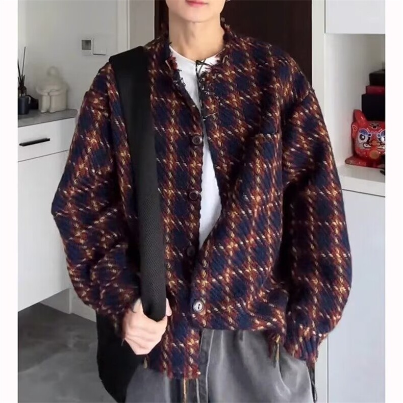 潮牌格子流苏外套男秋冬季2025款复古百搭美式重磅毛边宽松夹克,男装夹克,星座506A