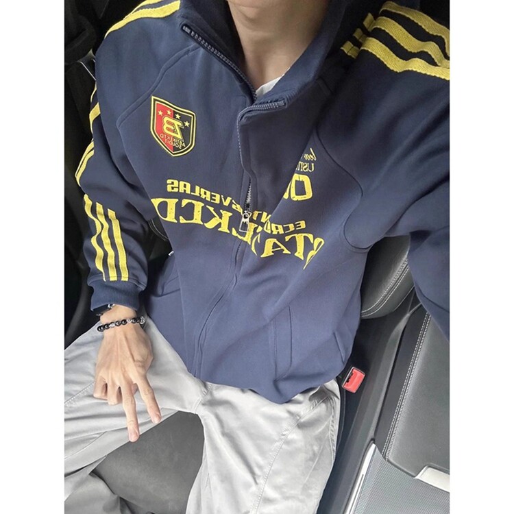 红色三条杠运动潮牌拉链开衫立领卫衣外套男ins潮高级感小众夹克图片