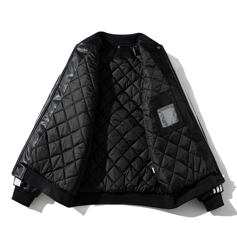 现货三条杠袖子PU皮棒球服外套秋冬棉服带帽可拆卸,男装棉衣,电商A105
