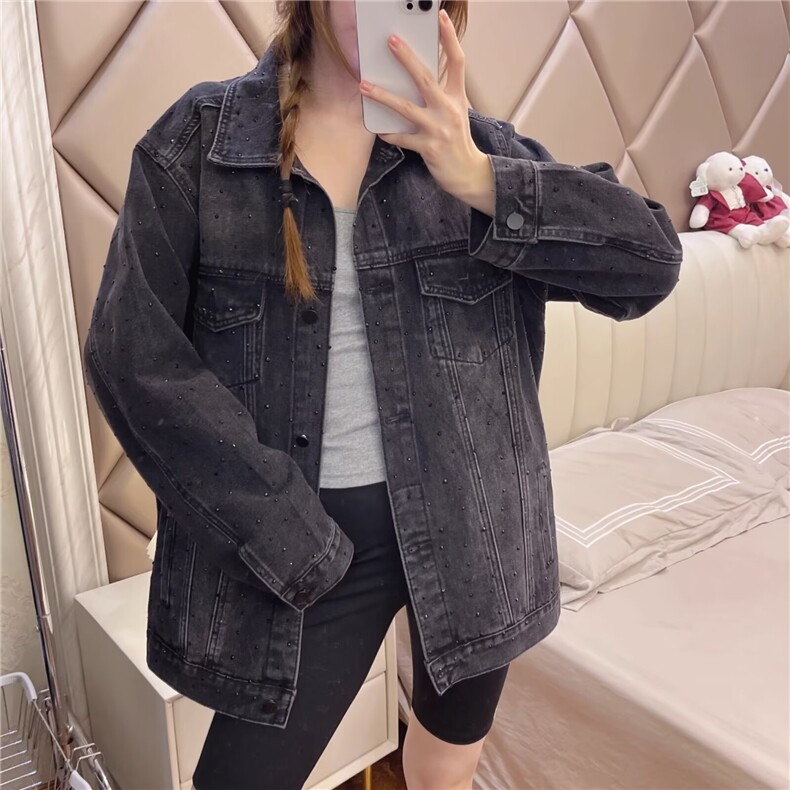 水洗烫钻牛仔外套女春秋新款复古美式韩版宽松休闲气质高级感上衣,男装工装外套,星座506A