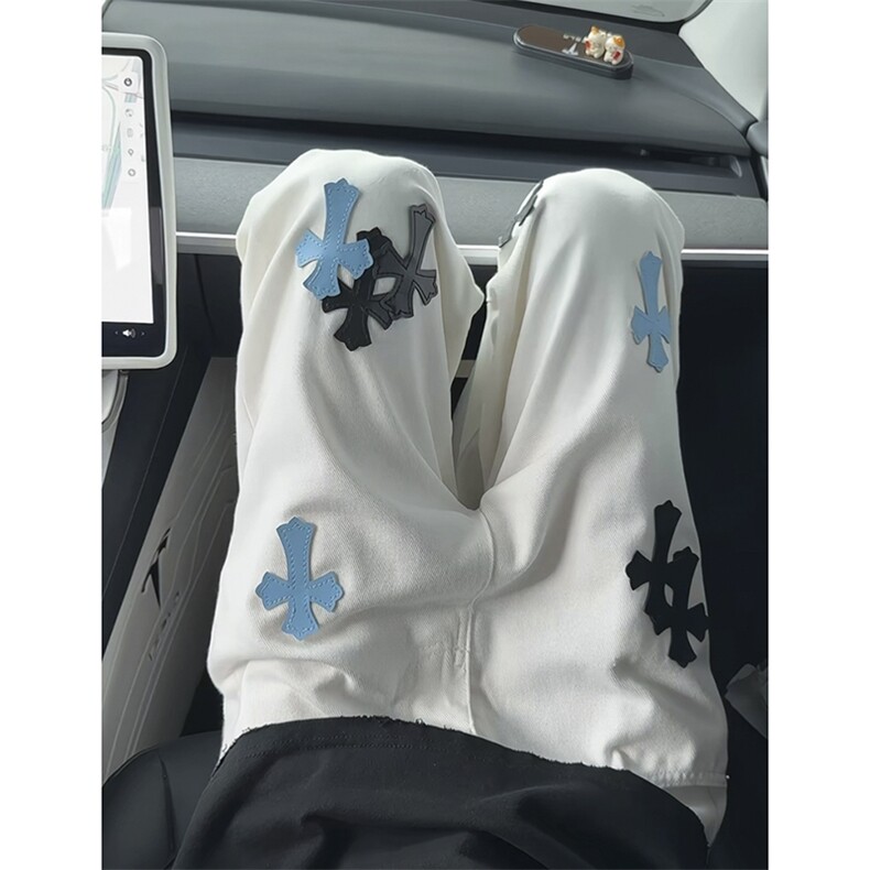 NZ01-P45 控78 美式高街十字架牛仔裤男潮牌痞帅宽松直筒vibr长裤图片