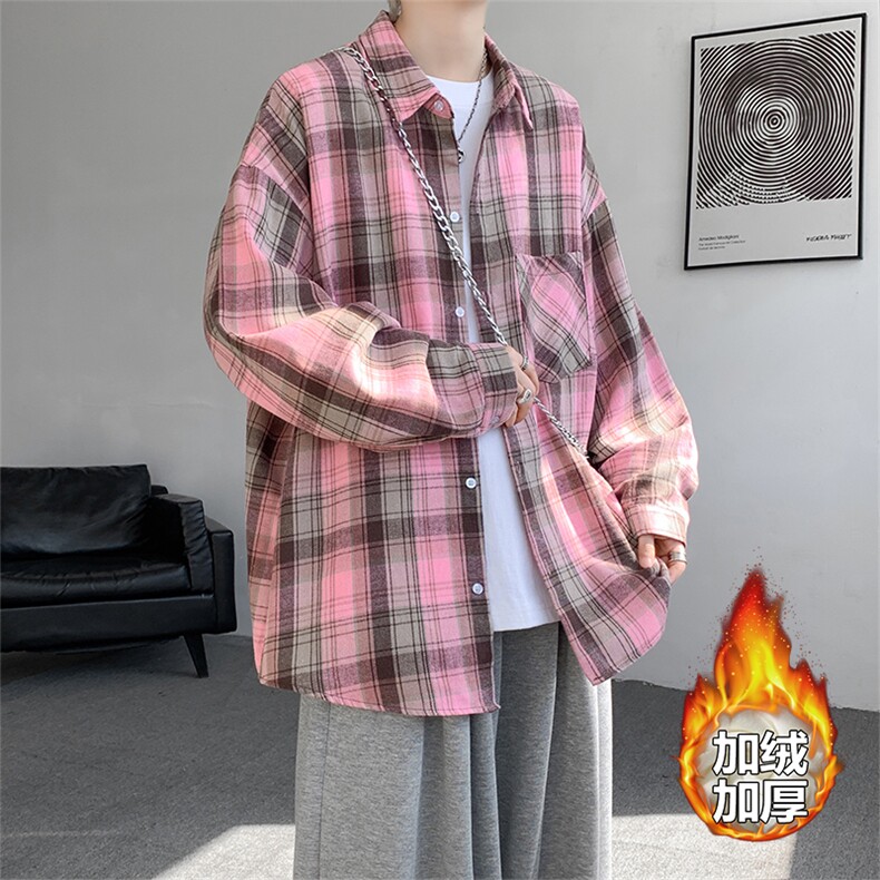 加绒衬衫男冬季新款港风宽松磨毛格子长袖衬衣JR06-特P35，男装衬衫，星座214-3