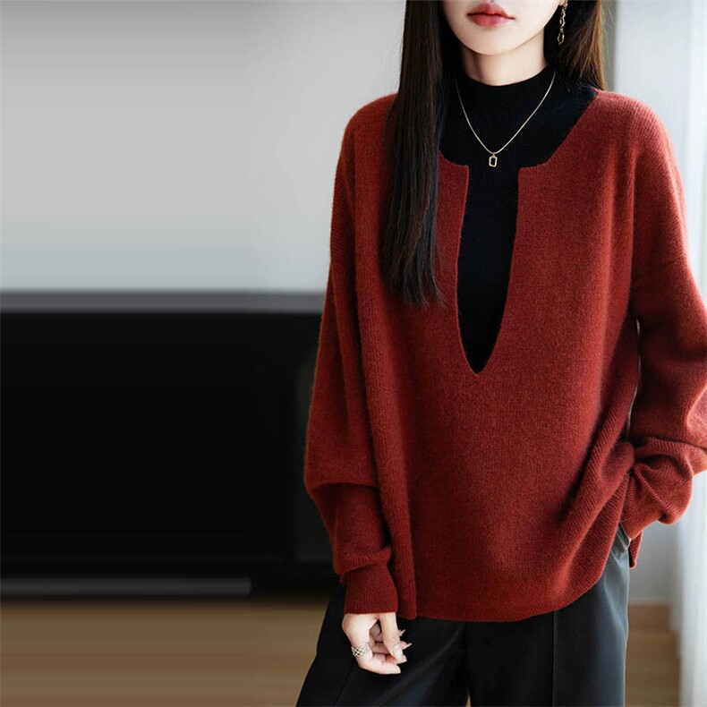 法式设计感酒红灰色v领纯羊毛针织毛衣女25新款宽松保暖长袖上衣,女装羊毛衫,越洋羊
