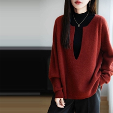 法式设计感酒红灰色v领纯羊毛针织毛衣女25新款宽松保暖长袖上衣，女装羊毛衫，越洋羊