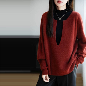 法式设计感酒红灰色v领纯羊毛针织毛衣女25新款宽松保暖长袖上衣图片