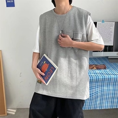 假两件圆领日系T恤纯色青春流行潮夏季五分袖时尚潮牌TX224P30，男装T恤，星座410-2