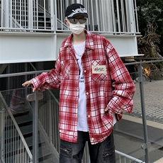 拼色设计感格子毛呢刺绣长袖衬衫男女宽松潮流春秋外套CS0011-P50，男装衬衫，星座308B-1