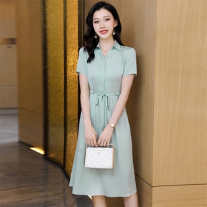 双绉真丝连衣裙夏天大牌气质纯色高档贵夫人大码中年妈妈丝绸裙子图片