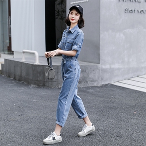休闲牛仔连体裤女2024春夏新款高腰时尚显瘦百搭工装小个子连衣裤图片