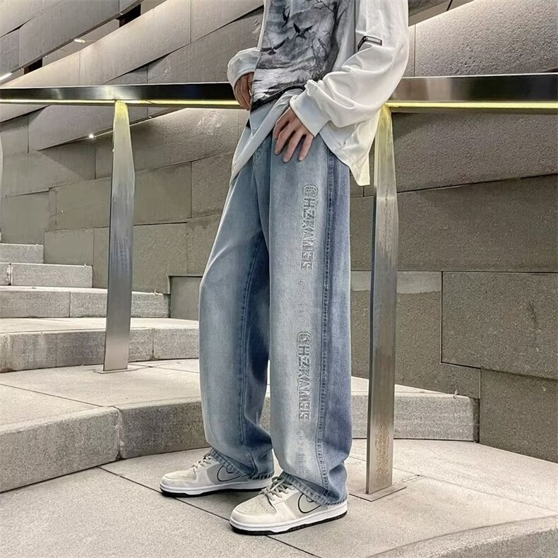 撞色牛仔裤男潮牌设计感hiphop直筒长裤复古宽松阔腿裤子NK546,男装牛仔裤,星座1116A-1（原606A）