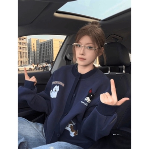 美式趣味毛巾绣慵懒卫衣开衫男女秋冬情侣棒球服潮SX1010P51图片