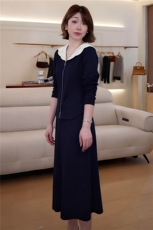 韩版女秋季新款时尚洋气套装裙娃娃领领开衫拉链上衣中长裙两件套，女装套装/套裙，江南