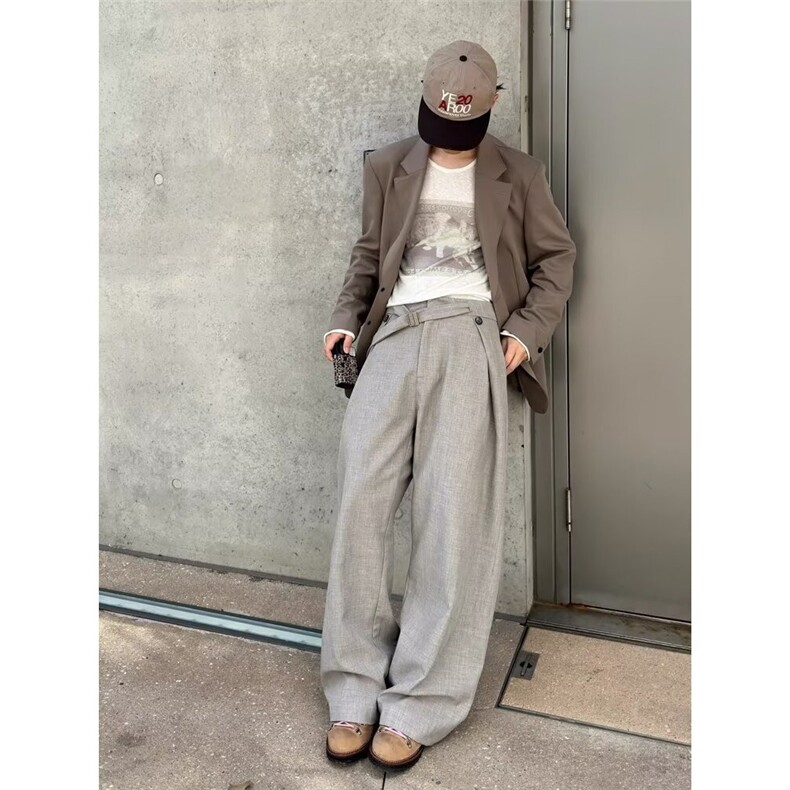 灰色阔腿卫裤女春秋2025新款高腰直筒垂感慵懒抽绳宽松休闲运动裤,男装休闲裤,星座506A