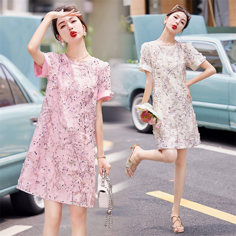 精致珠片刺绣连衣裙女夏季气质大码裙子2025年新款欧货a字裙,女装连衣裙,韩蜜菓