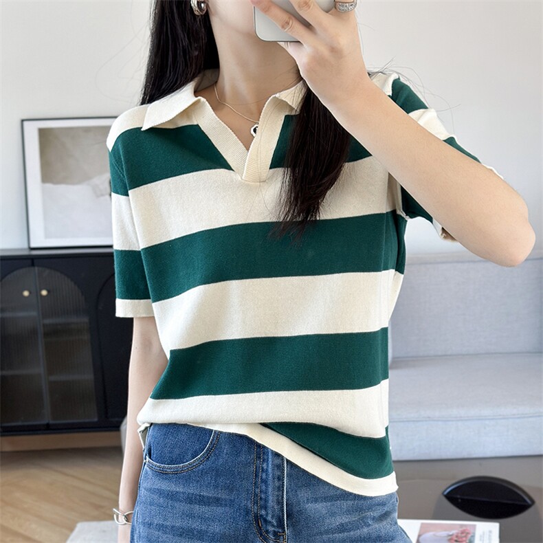 夏季时尚V领百搭纯棉翻领条纹针织短袖女撞色显瘦气质上衣t恤女,女装T恤,洁纯羊绒