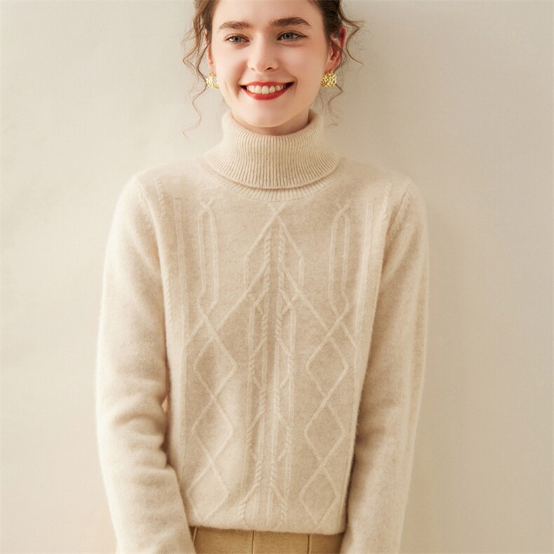 重磅加厚设计感山羊绒衫女高领提花针织毛衣宽松时尚保暖打底上衣，女装羊绒衫，暖凌绒