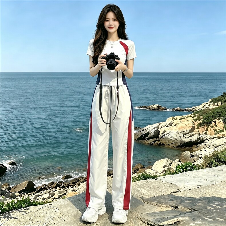 潮流时尚休闲运动套装女夏季新款显瘦竖纹圆领短袖上衣长裤两件套,女装套装/套裙,江南