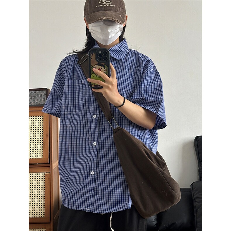 格子衬衫春夏美式短袖衬衫港风情侣装休闲衬衣CS286-P30,男装T恤,星座301C-5