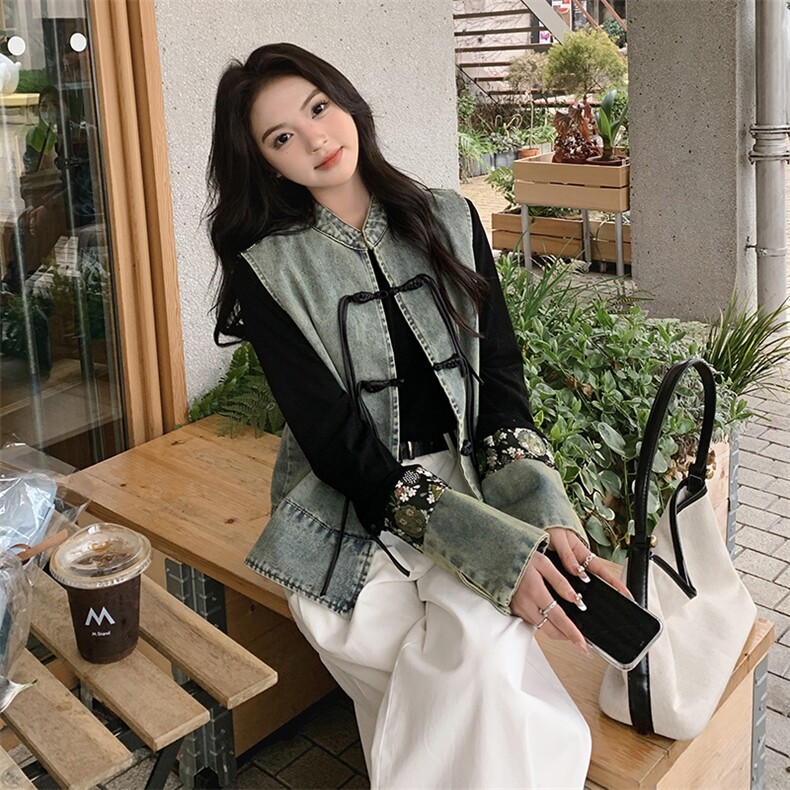 国风盘扣新中式牛仔马甲女2025春新款气质复古衬衫马夹,女装短外套,浙宝220