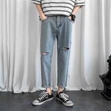 牛仔裤男宽松潮牌毛边破洞九分裤夏季韩版新款百搭直筒GD89-P35,男装牛仔裤,星座1008-1