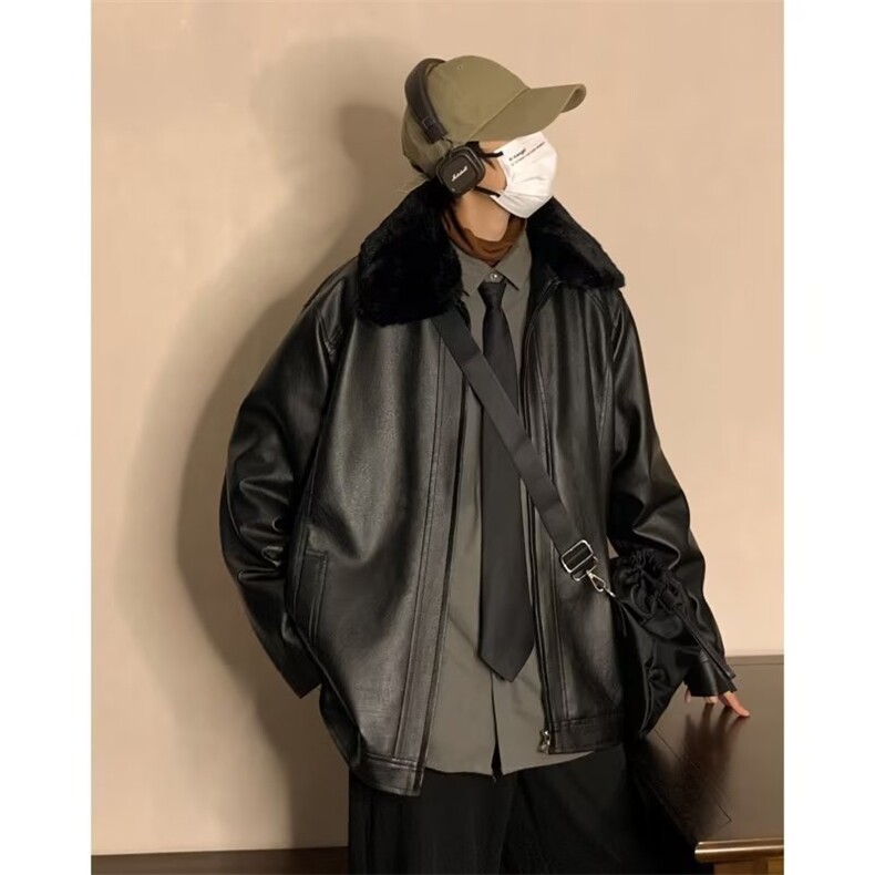 冬季潮皮衣男翻领潮流纯色新款休闲加绒毛领皮衣JK10P80,男装夹克,星座1116-2