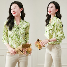 简约大气印花系带绿色蓝色真丝衬衫气质时尚白领春秋上衣，女装衬衫，阿舍尔精品