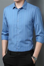 春秋季衬衫男长袖中年2023新款休闲商务高端冰丝条纹衬衣男，男装卫衣，电商B212（原钱塘6029）