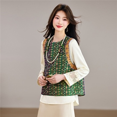 现货春季新款新中式减龄百搭圆领撞色马甲+刺绣衬衫打底两件套女，女装套装/套裙，宝儿家