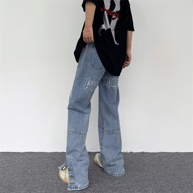欧美风高街刺绣排扣开叉牛仔裤男女宽松潮嘻哈炸街长裤N0889-P43,男装牛仔裤,星座308B-2