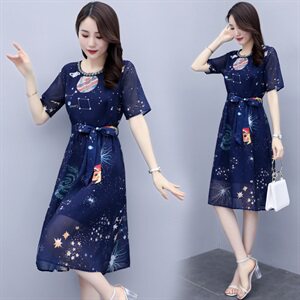 碎花2021年夏季订珠系带收腰时尚气质中长款百搭韩版优雅连衣裙图片