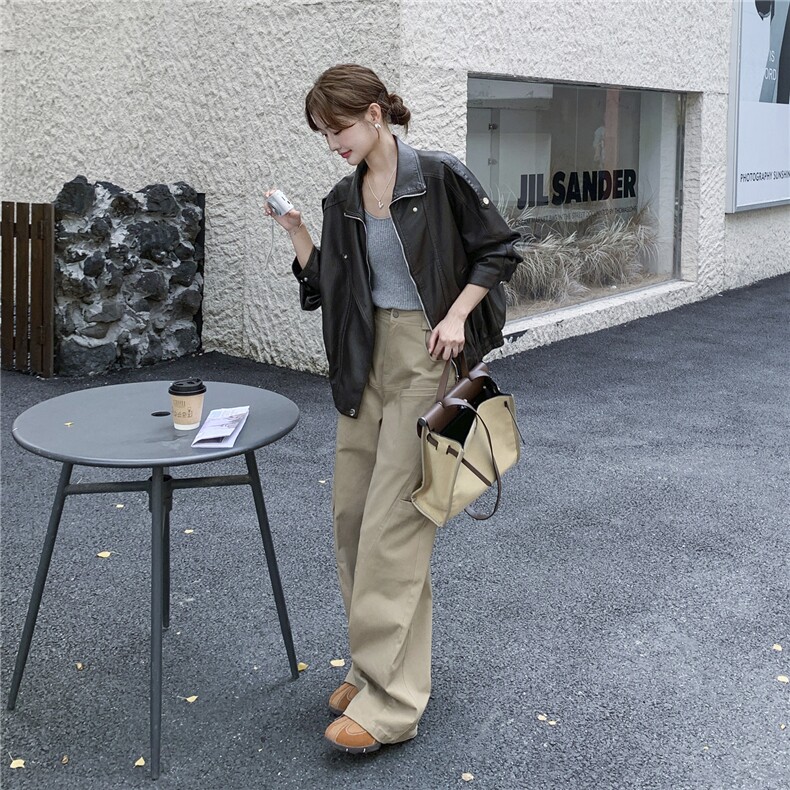 短款夹克新潮棕色长袖2025秋上衣机车服Pu皮外套女高级感显瘦外套,女装短外套,意芙