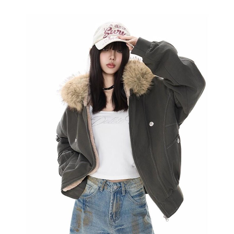 现货重磅boxy短款棉衣座山雕大毛毛领男女棉服水洗工装厚外套,男装棉衣,电商A486