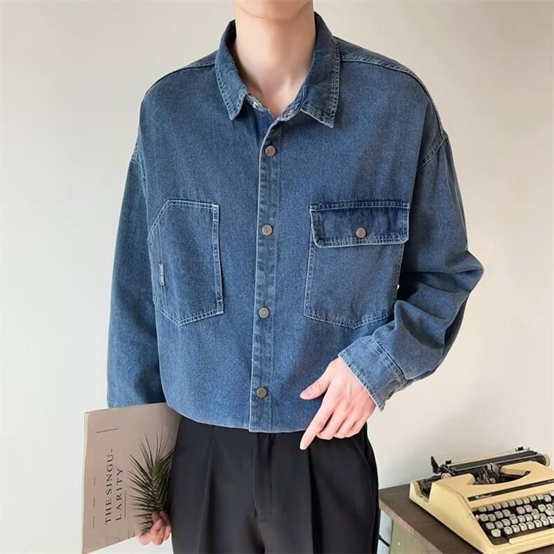 牛仔衬衫春秋内搭长袖上衣百搭休闲外套小个子叠穿衬衣打底衫潮图片