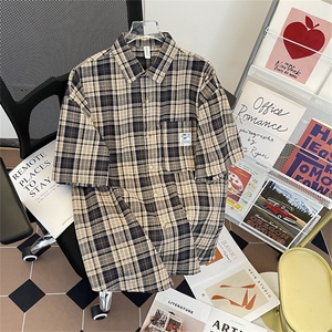 复古慵懒格子短袖衬衫男夏季新款美式潮牌衬衣外套 现货W8249-P38图片