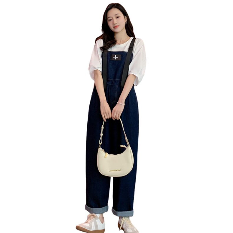 2022夏季时尚背带裤女薄款显瘦白搭两件套圆领短袖上衣韩版牛仔裤,女装牛仔裤,梦懿尔