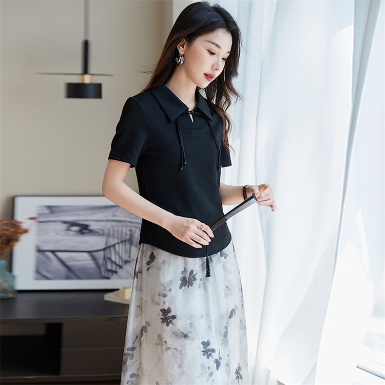 新中式优雅短袖印花套装2024夏季新款时髦显瘦设计感套装女,女装套装/套裙,韩蔻秀