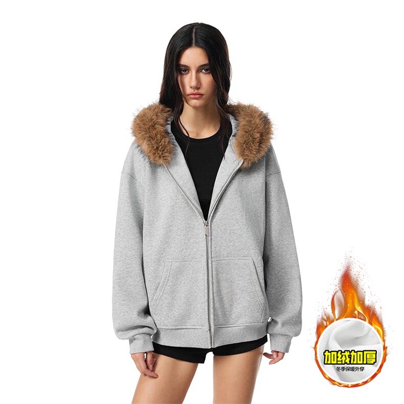 480G重磅加绒硬挺boxy秋冬美式高街超大毛领座山雕连帽卫衣厚外套，女装短外套，电商A486-1