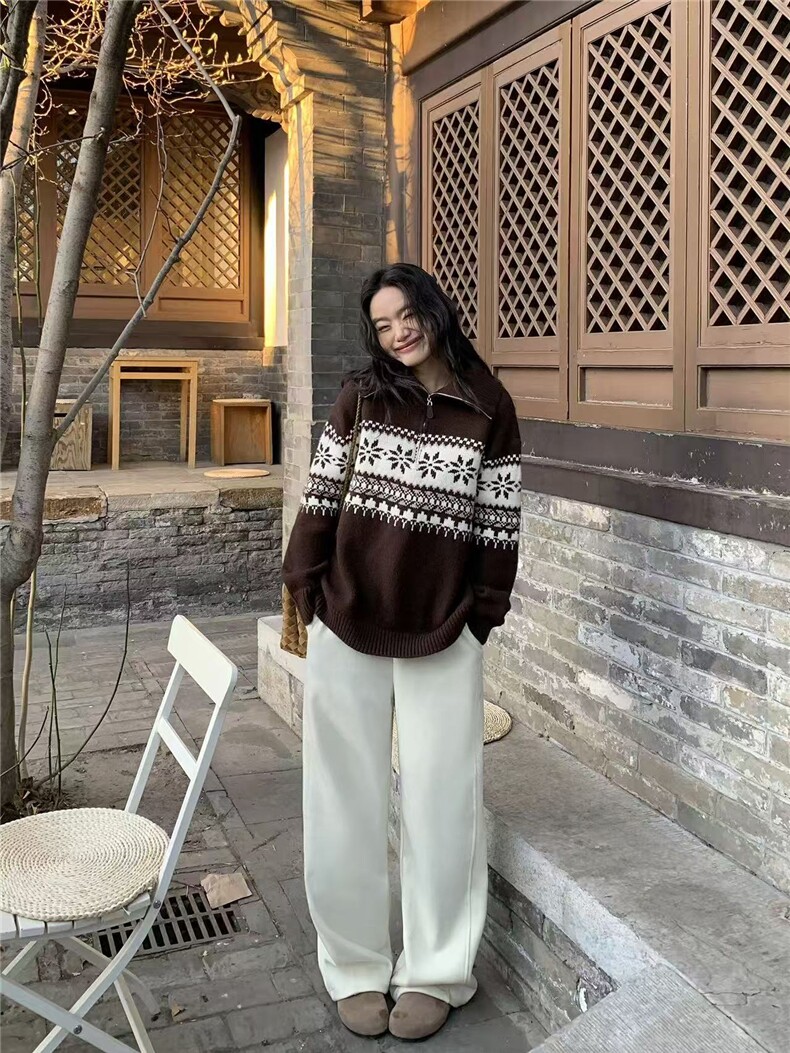 2025年秋季雪花半拉链翻领时尚百搭通勤简约休闲,女装羊毛衫,悦玛羊绒