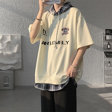 现货T10112-特批35控68新款撞色拼接格子假两件连帽短袖T恤，男装T恤，电商A059