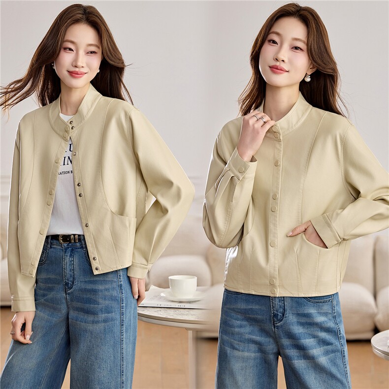 【春季女装新款】2026大量现货春季时尚百搭短款立领皮衣外套，女装皮衣，缘衣格