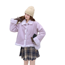 紫色翻领皮毛一体羊羔毛厚外套女秋冬超火好看高级小众短加绒棉服，女装毛呢外套，2C010