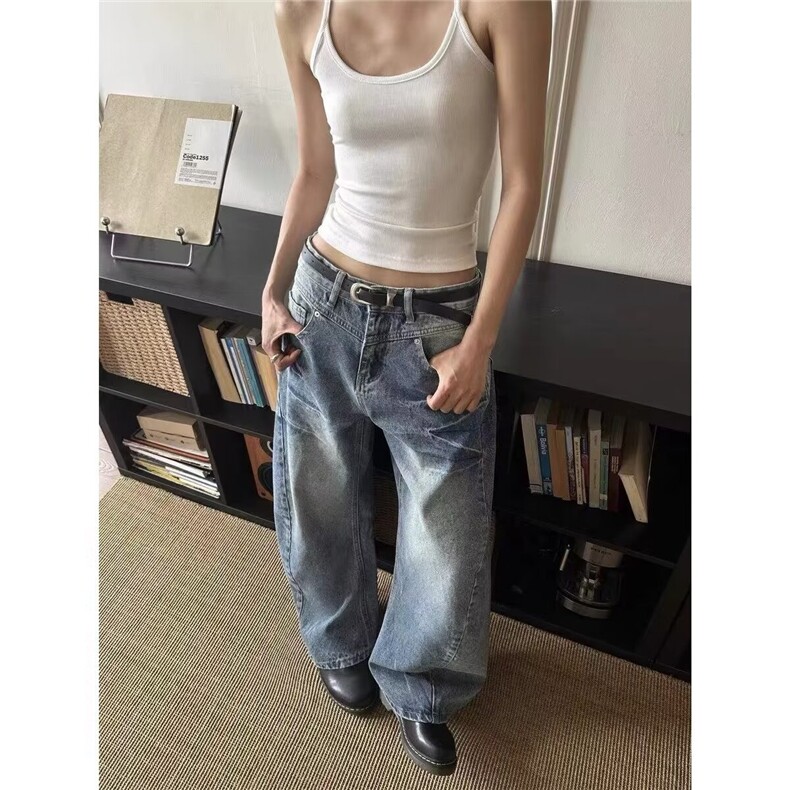 复古水洗闪电纹解构感弯刀牛仔裤男立体剪裁廓形香蕉裤女，男装牛仔裤，星座506A