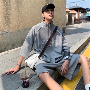 ins潮运动套装华夫格懒风小众宽松短袖T恤短裤两件套TG42P45图片