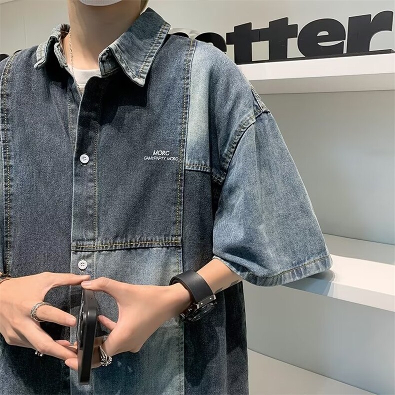 夏季潮牌炸街拼接短袖牛仔衬衫男复古休闲设计感小众痞帅衬衣外套,男装衬衫,星座601-2